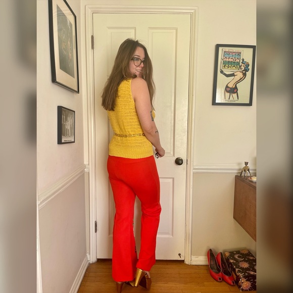 70s Vintage Double Knit Orange Kick Flares w Embroidered Palm Tree - Picture 2 of 9